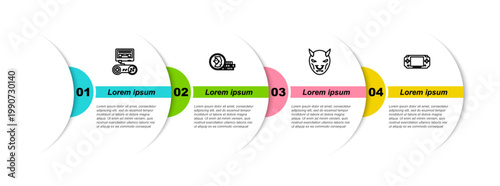 Set line Game console with joystick, Coin for game, Mask of the devil horns and Portable video. Business infographic template. Vector