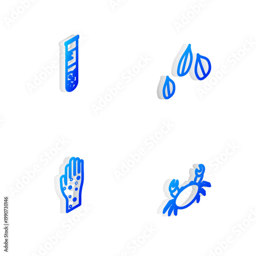Set Isometric line Sesame seeds, Test tube and flask, Hand with psoriasis or eczema and Crab icon. Vector