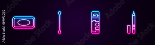 Set line Bar of soap, Cotton swab for ears, Shaving gel foam and Eyeliner, eyebrow. Glowing neon icon. Vector