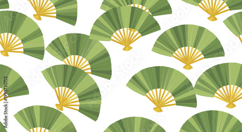 A repeating pattern of open green fans with yellow handles on a white background