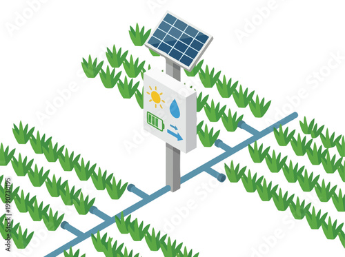 An isometric view of a smart agriculture system with solar panels and irrigation pipes in a lush green field with plants.