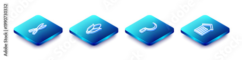 Set Isometric line Gardening handmade scissors, Corn, Sickle and Wooden outdoor toilet icon. Vector