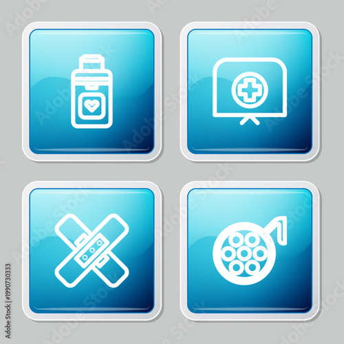 Set line Organ container, Nurse hat with cross, Crossed bandage plaster and Surgery lamp icon. Vector