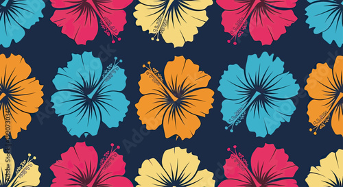 Colorful hibiscus flowers bloom against a dark blue background in a repeating pattern
