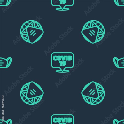 Set line Corona virus on location, Earth with medical mask and Medical protective on seamless pattern. Vector