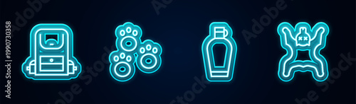 Set line Hiking backpack, Paw print, Canteen water bottle and Bear skin. Glowing neon icon. Vector
