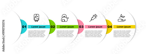 Set line IV bag, Teapot with cup, Syringe and Leaf hand. Business infographic template. Vector