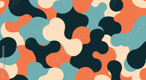 Organic, blob-like shapes in a repeating pattern of muted orange, teal, beige, and dark blue