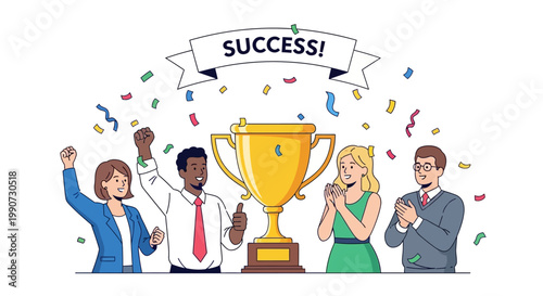 Diverse Business Team Celebrating Success with Golden Trophy Cup and Confetti in Achievement Concept