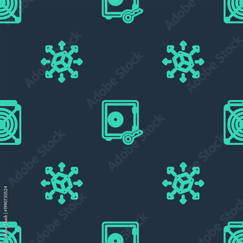 Set line Proof of stake, Distribution and ASIC Miner on seamless pattern. Vector