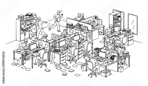 Minimal Line Art Corporate Office Disorder Scene with Overworked Employees and Disorganized Workspace Vector Illustration