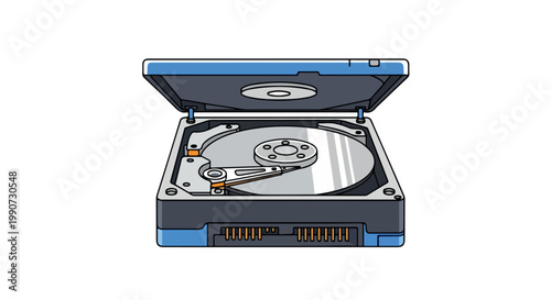 Illustration of an open hard disk drive with visible internal components