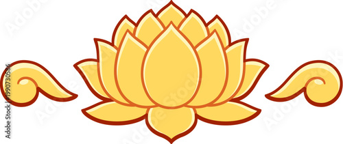 Golden lotus flower decoration element, header or divider. Chinese or Thai ornament style drawing. Vector clipart illustration.