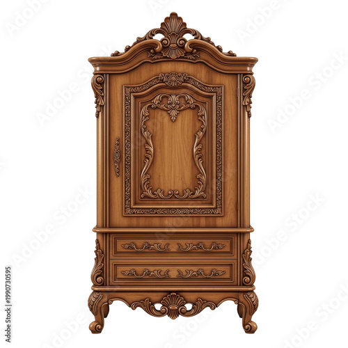 Elegant antique wooden armoire with intricate carved details and decorative paneling
