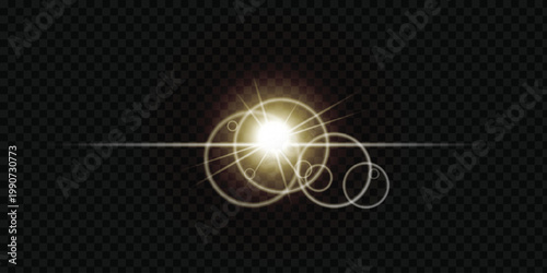 Golden lens flare effect with bright starburst and glowing rings on transparent background, perfect for overlaying light and sparkle in design projects.