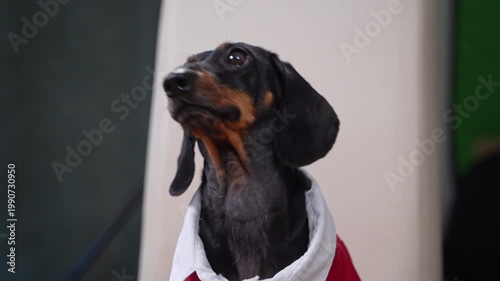 Dachshund dog in red and white outfit gazing directly at camera with big expressive eye, elegant breed close portrait, soulful pet lifestyle, indoor studio scene.