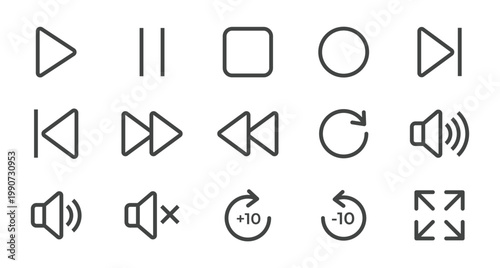Line Style Media Control Button Symbol Sign and Simple Icon Set