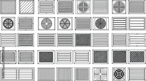 Air Vent and Grille Icon Set Featuring Various Patterns and Designs for HVAC and Interior Architecture Projects