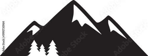 Stylized black and white silhouette of majestic mountains with snowcapped peaks and pine trees in the foreground