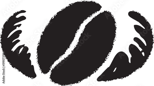 Stylized black coffee bean with abstract wing shapes on transparent background