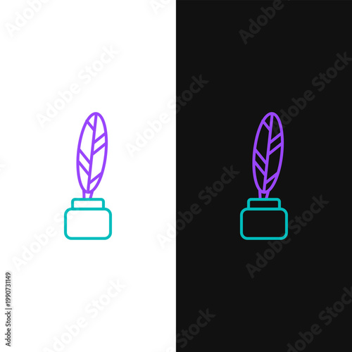 Line Feather and inkwell icon isolated on white and black background. Colorful outline concept. Vector
