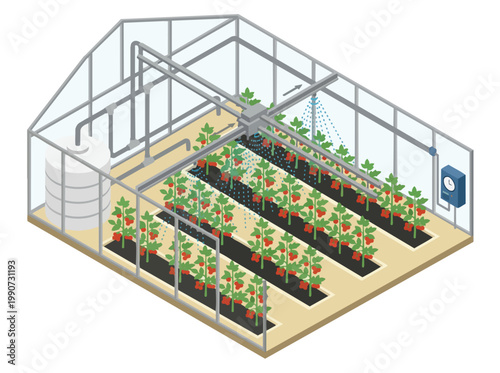 An isometric view of a smart greenhouse showcasing rows of plants in agriculture under controlled conditions.