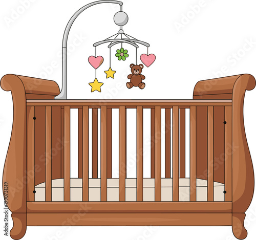 Baby Crib Icon with Mobile and Hanging Toys for Nursery and Infant Room Design