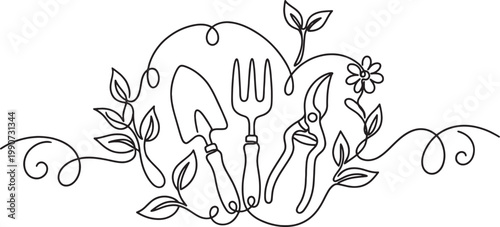Whimsical continuous line drawing of gardening tools surrounded by swirling vines and leaves