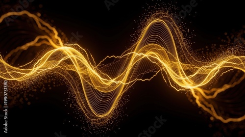 Glowing golden waveforms dynamically flow against a black background, creating an abstract digital light pattern with a sense of energy and motion.