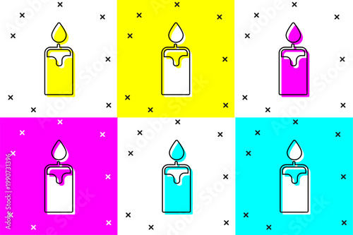 Set Burning candle icon isolated on color background. Cylindrical candle stick with burning flame. Vector