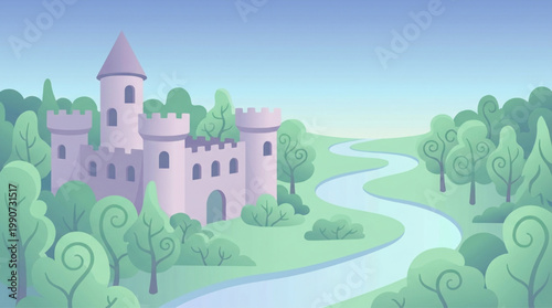 Fairytale castle in a magical forest landscape with a winding river