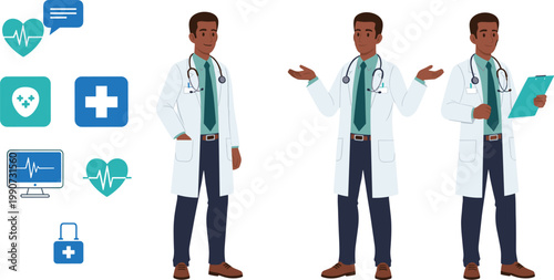 African American Male Doctor Character Set with Medical Icons Stethoscope Clipboard and Healthcare Symbol Vector Illustration