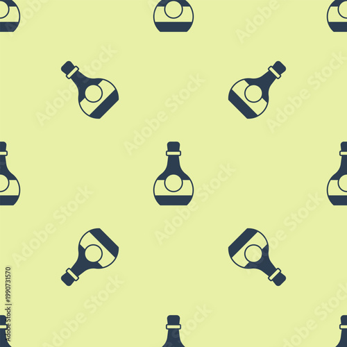 Blue Bottle of cognac or brandy icon isolated seamless pattern on yellow background. Vector