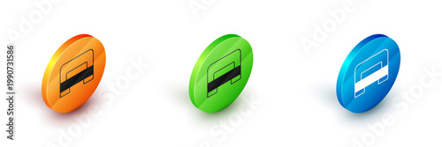 Isometric Big bed for two or one person icon isolated on white background. Circle button. Vector