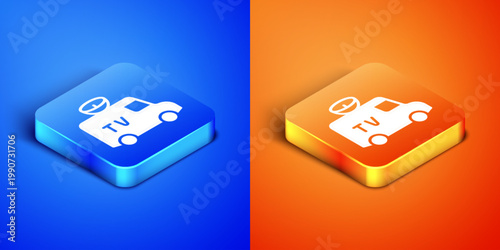 Isometric TV News car with equipment on the roof icon isolated on blue and orange background. Square button. Vector