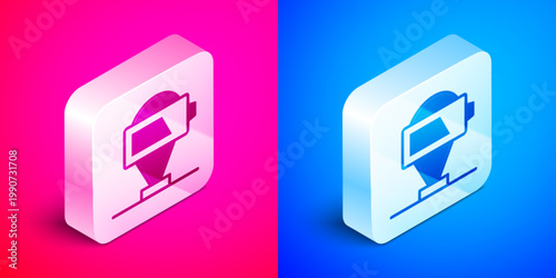 Isometric Battery charge level indicator icon isolated on pink and blue background. Silver square button. Vector