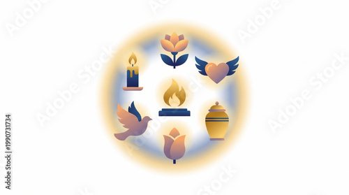 Funeral and mourning icons set in abstract circle composition