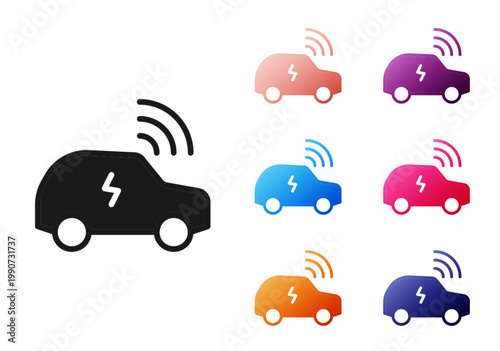 Black Smart car system with wireless connection icon isolated on white background. Remote car control. Set icons colorful. Vector