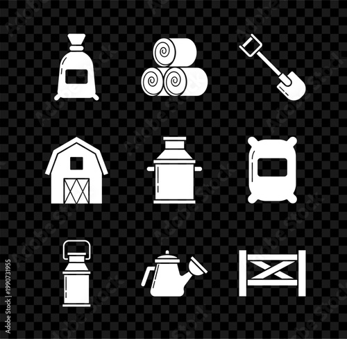 Set Bag of flour, Roll hay, Shovel, Can container for milk, Watering can, Garden fence wooden, Farm House concept and icon. Vector