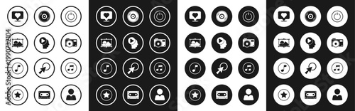 Set Power button, Head people with play, Picture landscape, Like heart, Photo camera, Vinyl disk, Music note, tone and icon. Vector