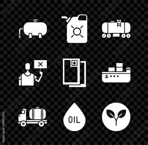 Set Oil industrial factory building, Canister for motor oil, railway cistern, Tanker truck, drop, Bio fuel, Nature saving protest and Barrel icon. Vector