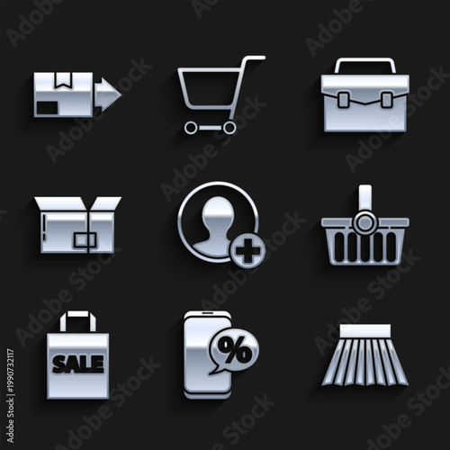 Set Create account screen, Percent discount and phone, Skirt, Shopping basket, Shoping bag with Sale, Carton cardboard box, Briefcase and icon. Vector