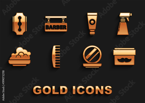 Set Hairbrush, Hairdresser pistol spray bottle, Cream or lotion cosmetic jar, Makeup powder with mirror, Shaving gel foam, tube, Blade razor and Barbershop icon. Vector