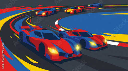 Abstract illustration of competitive race cars driving on a track