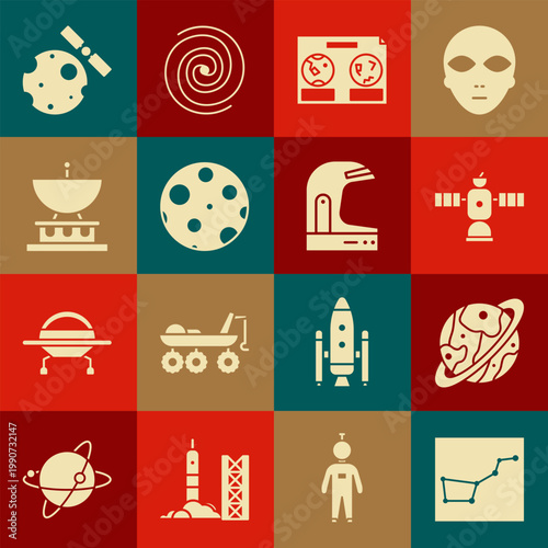 Set Great Bear constellation, Planet Saturn, Satellite, Celestial map of the night sky, Moon, dish, Satellites orbiting planet Earth and Astronaut helmet icon. Vector