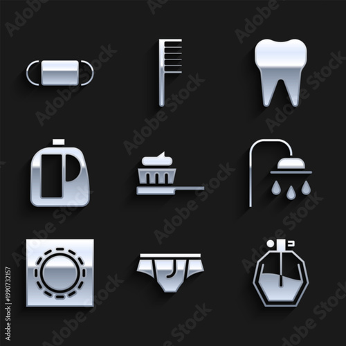 Set Toothbrush with toothpaste, Underwear, Perfume, Shower head, Condom in package safe sex, Bottles for cleaning agent, and Medical protective mask icon. Vector