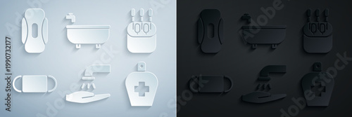 Set Washing hands with soap, Cotton swab for ears, Medical protective mask, Bottle of liquid antibacterial, Bathtub and Sanitary napkin icon. Vector