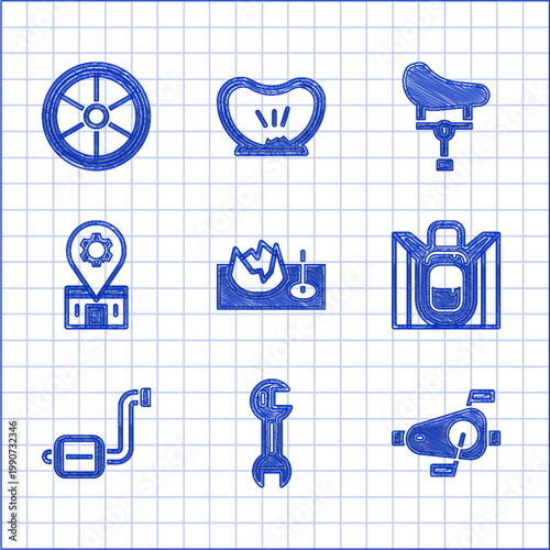 Set Bicycle on street ramp, Wrench spanner, pedals, Hiking backpack, repair service, seat and wheel icon. Vector