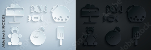 Set Apple, Glass jar with candies inside, Jelly bear candy, Ice cream, Candy and Cake on plate icon. Vector