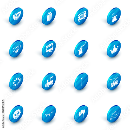 Set Popcorn in box, Circus wagon, Magician hat and rabbit ears, Monkey, Hand holding playing cards, Fast street food cart, Jester with bells and icon. Vector